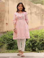 Thumbnail for Juniper Women's Pink Floral Printed Cotton Dobby Flared Short Kurta With Pant With Thread Embroidery - Distacart