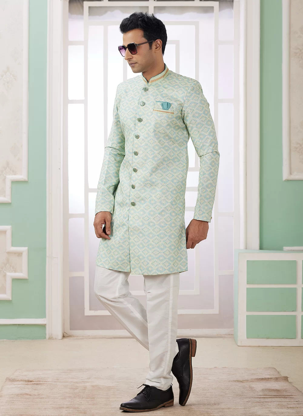 Raivat Ethnic Banarasi Jacquard Embroidery Indo Western Sherwani In Green Colour - Distacart