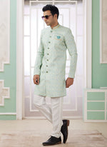 Thumbnail for Raivat Ethnic Banarasi Jacquard Embroidery Indo Western Sherwani In Green Colour - Distacart