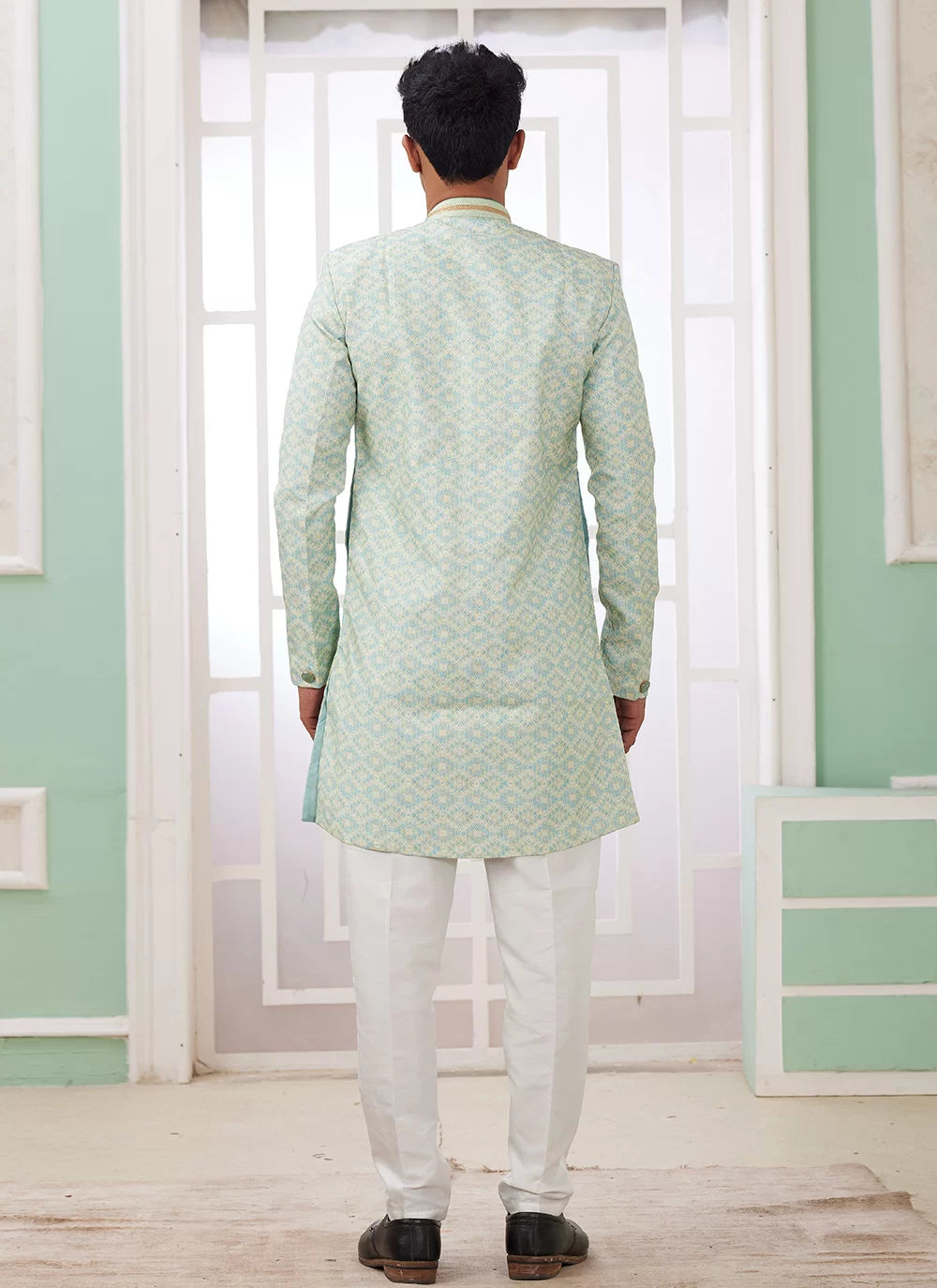 Raivat Ethnic Banarasi Jacquard Embroidery Indo Western Sherwani In Green Colour - Distacart