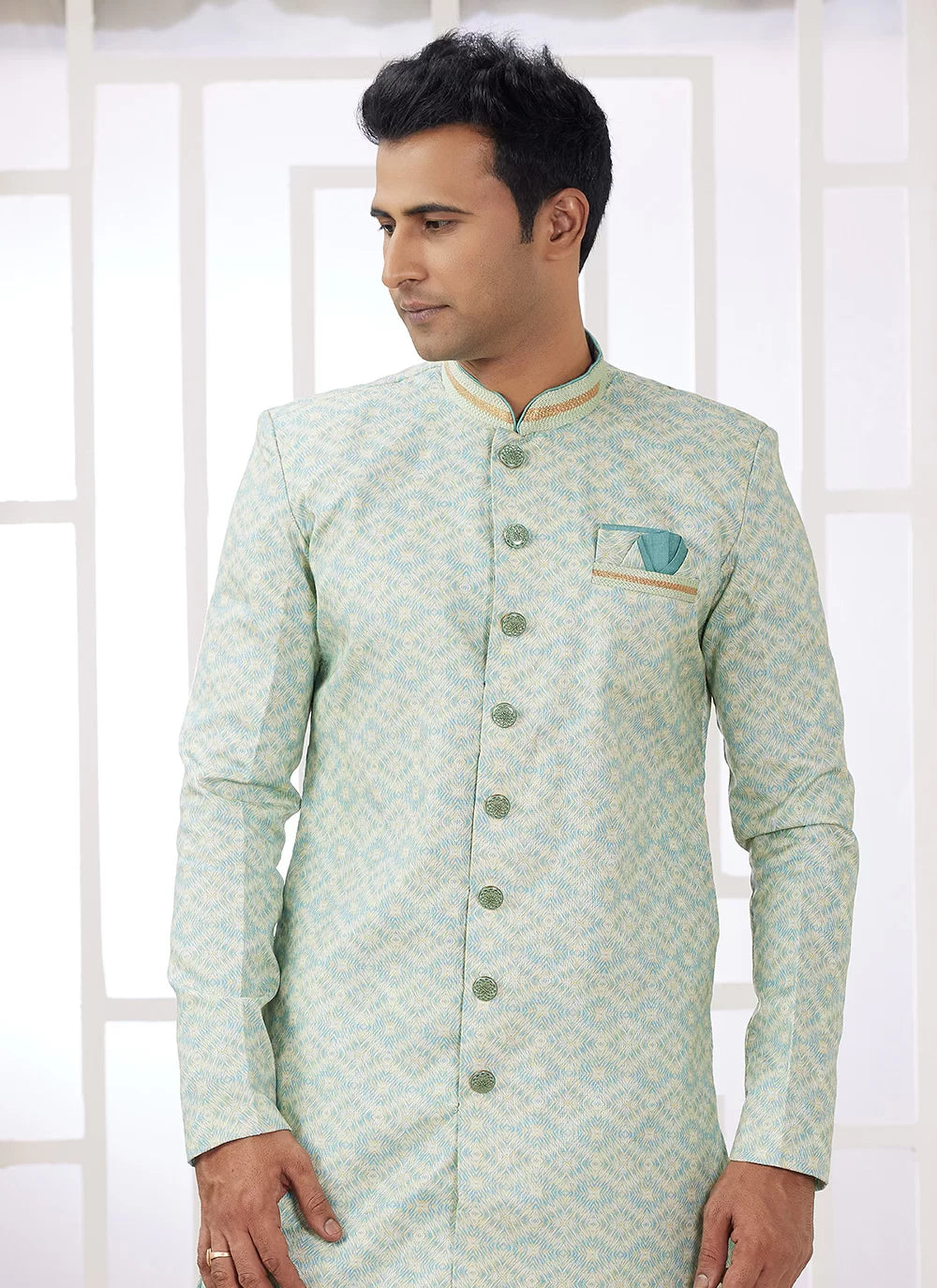 Raivat Ethnic Banarasi Jacquard Embroidery Indo Western Sherwani In Green Colour - Distacart