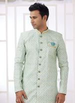 Thumbnail for Raivat Ethnic Banarasi Jacquard Embroidery Indo Western Sherwani In Green Colour - Distacart