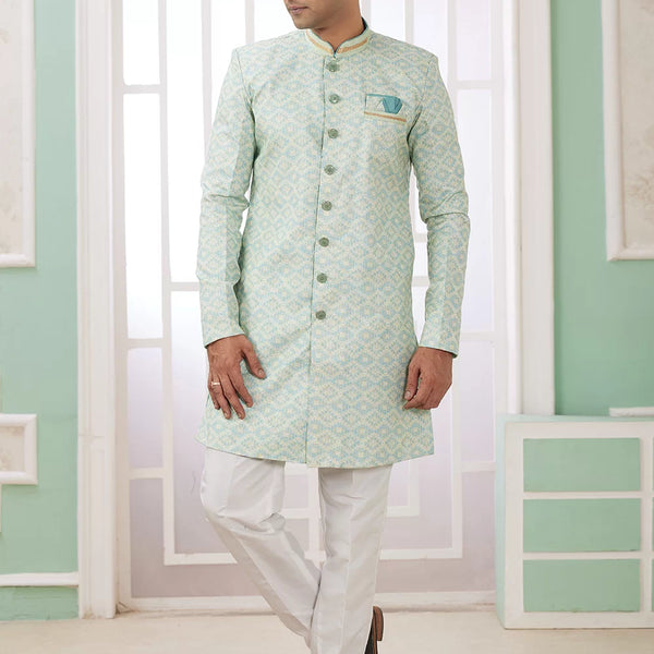 Raivat Ethnic Banarasi Jacquard Embroidery Indo Western Sherwani In Green Colour - Distacart