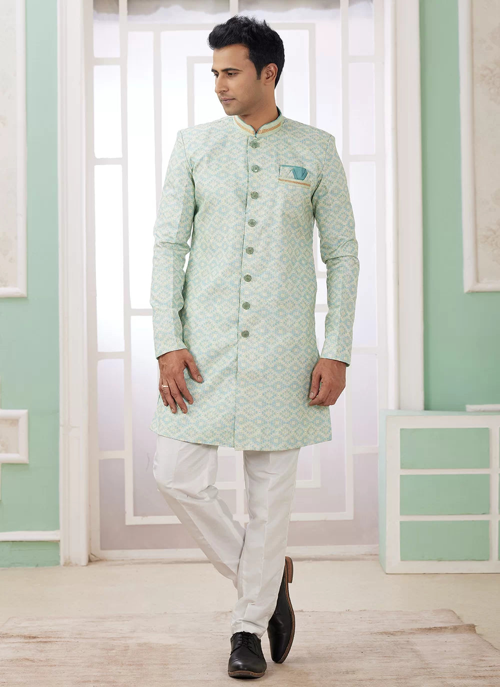 Raivat Ethnic Banarasi Jacquard Embroidery Indo Western Sherwani In Green Colour