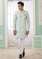 Thumbnail for Raivat Ethnic Banarasi Jacquard Embroidery Indo Western Sherwani In Green Colour - Distacart