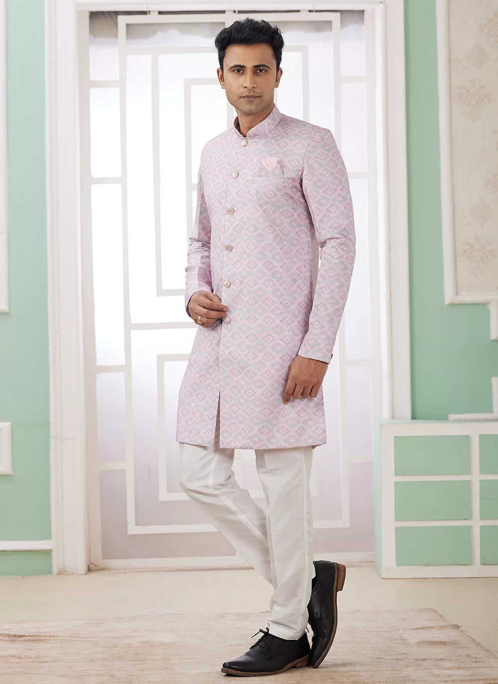 Raivat Ethnic Banarasi Jacquard Embroidery Indo Western Sherwani In Pink Colour - Distacart