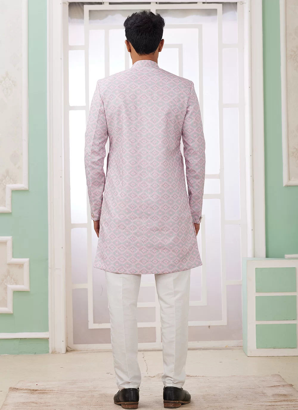Raivat Ethnic Banarasi Jacquard Embroidery Indo Western Sherwani In Pink Colour - Distacart