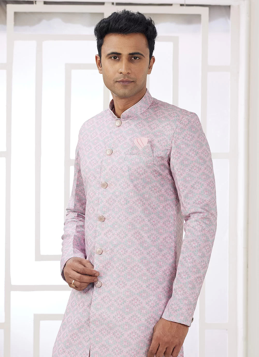 Raivat Ethnic Banarasi Jacquard Embroidery Indo Western Sherwani In Pink Colour - Distacart