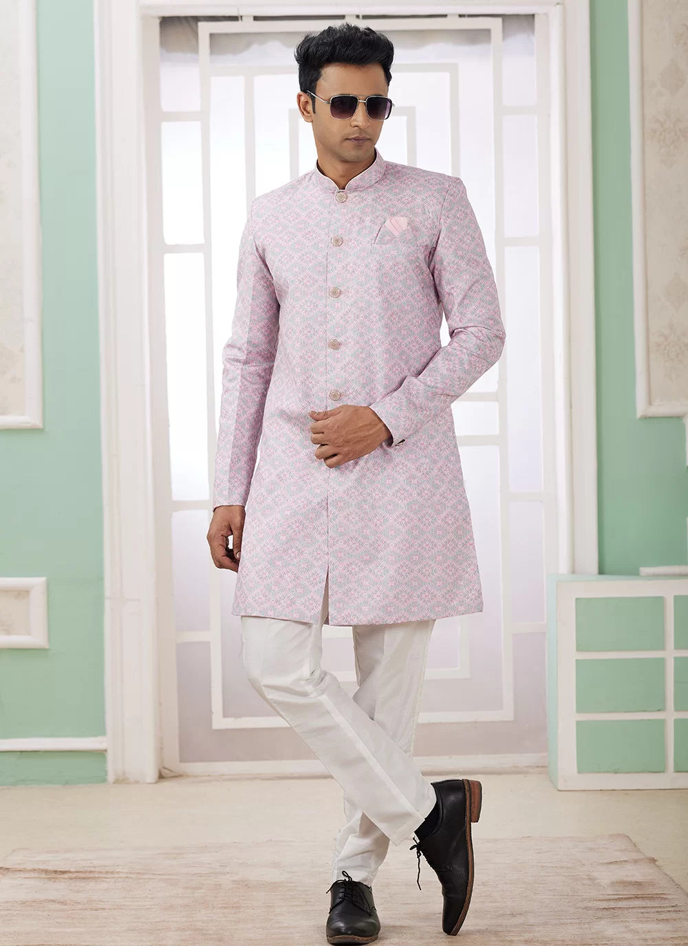 Raivat Ethnic Banarasi Jacquard Embroidery Indo Western Sherwani In Pink Colour - Distacart