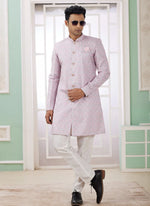 Thumbnail for Raivat Ethnic Banarasi Jacquard Embroidery Indo Western Sherwani In Pink Colour - Distacart