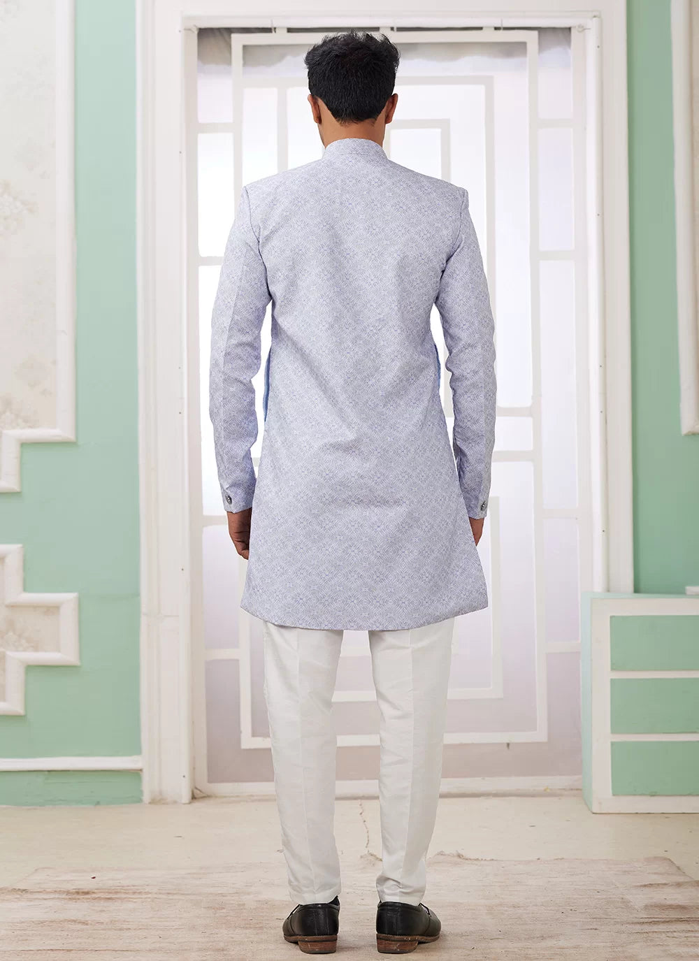 Raivat Ethnic Banarasi Jacquard Embroidery Indo Western Sherwani In Blue Colour - Distacart
