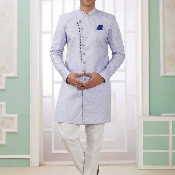 Raivat Ethnic Banarasi Jacquard Embroidery Indo Western Sherwani In Blue Colour - Distacart
