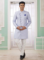 Thumbnail for Raivat Ethnic Banarasi Jacquard Embroidery Indo Western Sherwani In Blue Colour - Distacart