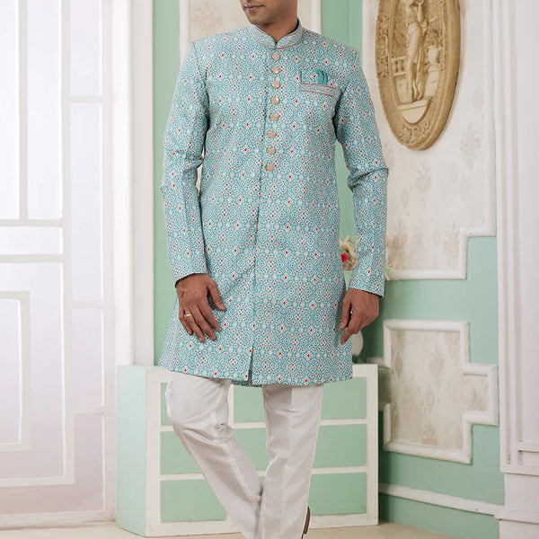 Raivat Ethnic Banarasi Jacquard Embroidery Indo Western Sherwani In Green Colour - Distacart