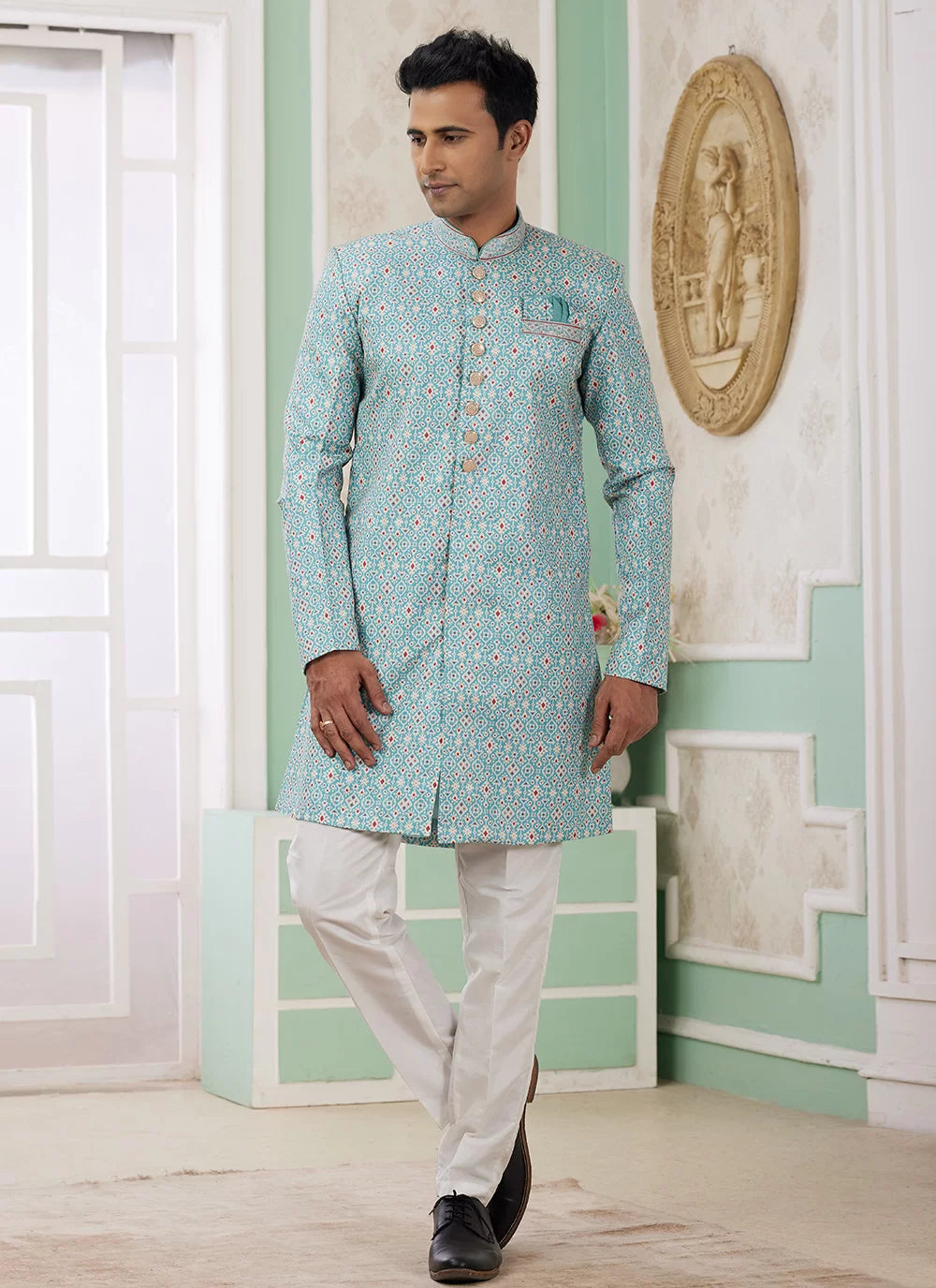 Raivat Ethnic Banarasi Jacquard Embroidery Indo Western Sherwani In Green Colour - Distacart