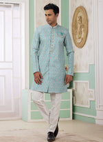 Thumbnail for Raivat Ethnic Banarasi Jacquard Embroidery Indo Western Sherwani In Green Colour - Distacart