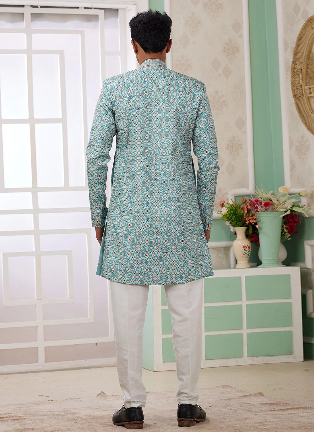 Raivat Ethnic Banarasi Jacquard Embroidery Indo Western Sherwani In Green Colour - Distacart