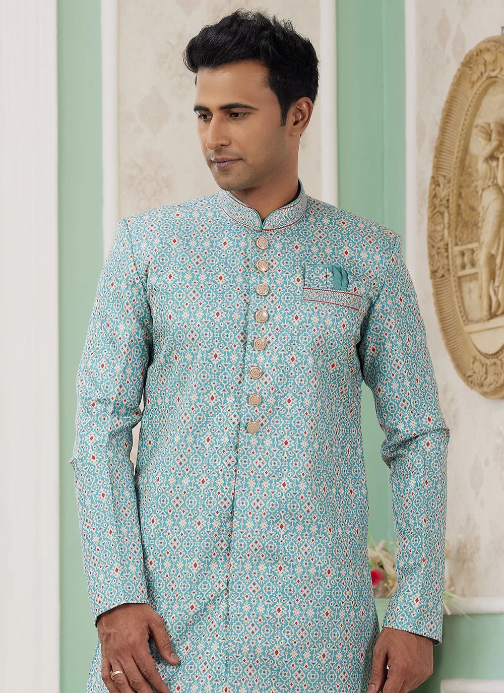 Raivat Ethnic Banarasi Jacquard Embroidery Indo Western Sherwani In Green Colour - Distacart