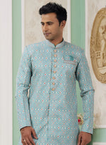 Thumbnail for Raivat Ethnic Banarasi Jacquard Embroidery Indo Western Sherwani In Green Colour - Distacart