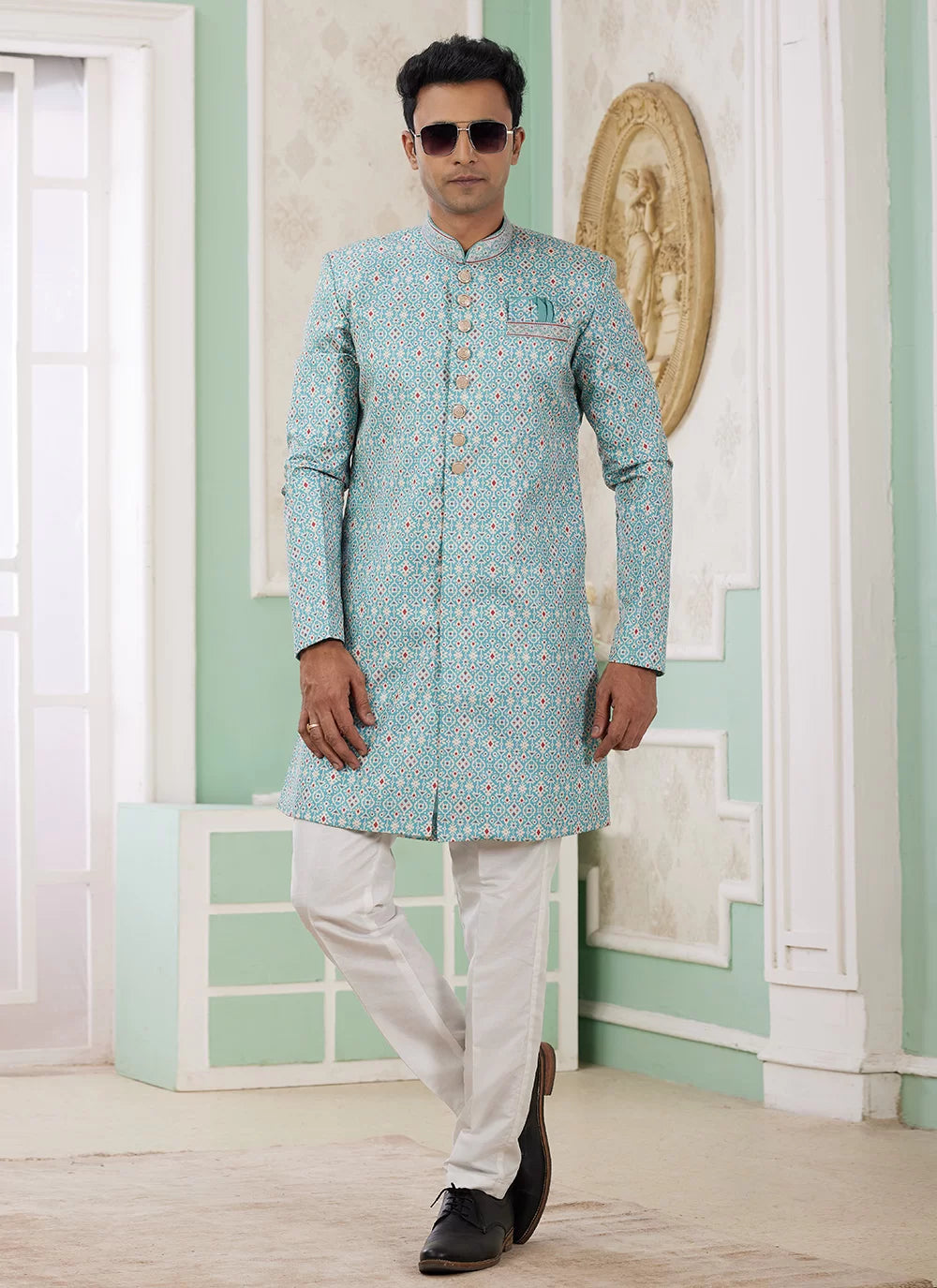 Raivat Ethnic Banarasi Jacquard Embroidery Indo Western Sherwani In Green Colour - Distacart