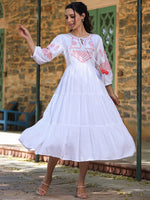 Thumbnail for Juniper White Ethnic Motif Printed Rayon Slub Flared Dress With Thread Embroidery - Distacart