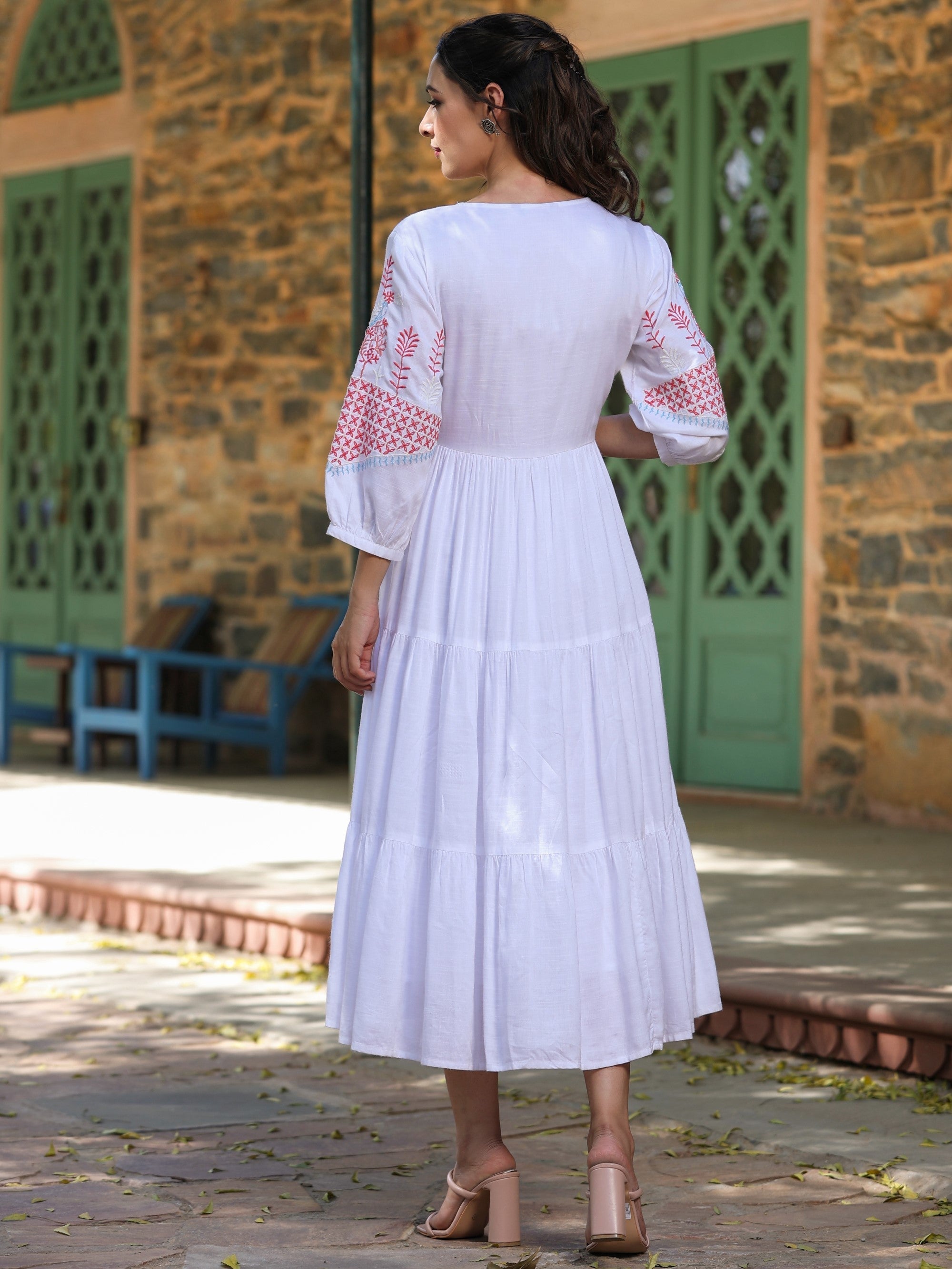 Juniper White Ethnic Motif Printed Rayon Slub Flared Dress With Thread Embroidery - Distacart