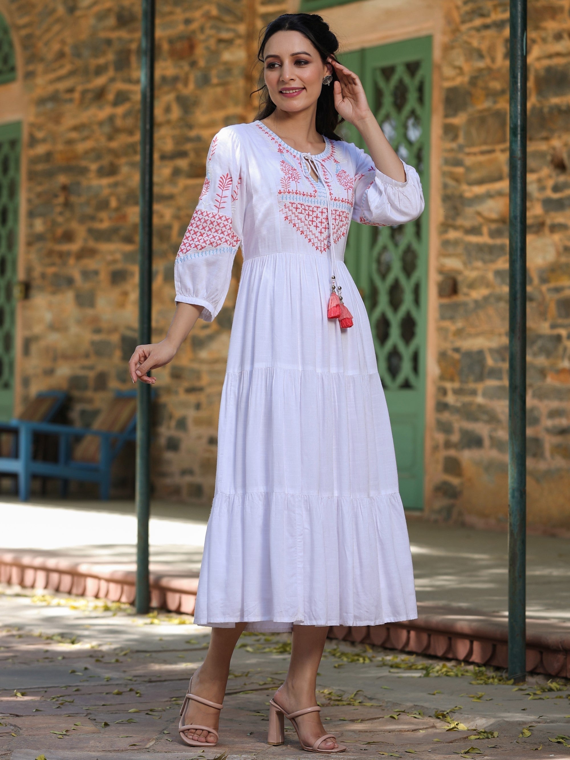 Juniper White Ethnic Motif Printed Rayon Slub Flared Dress With Thread Embroidery - Distacart
