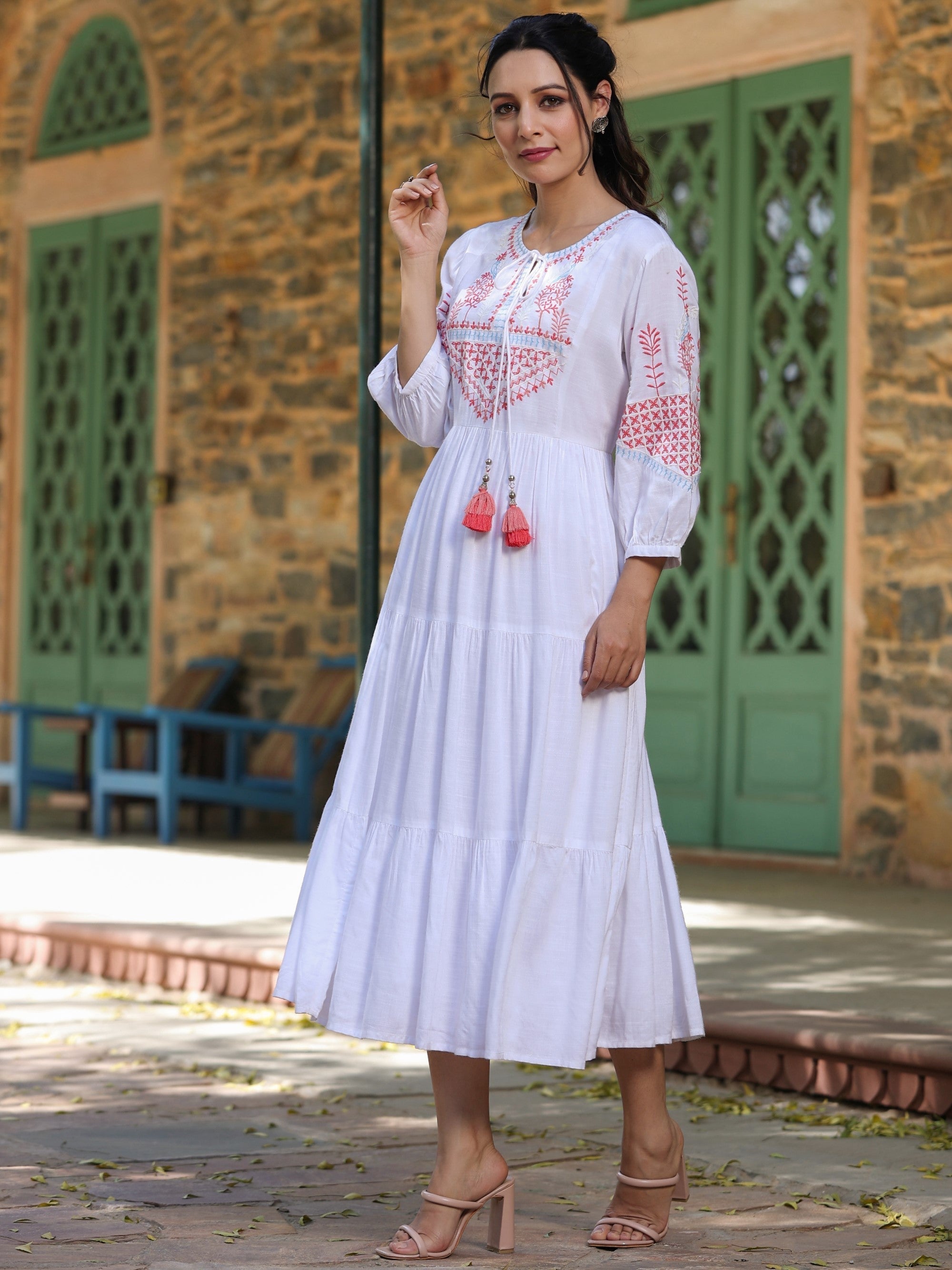 Juniper White Ethnic Motif Printed Rayon Slub Flared Dress With Thread Embroidery - Distacart