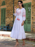 Thumbnail for Juniper White Ethnic Motif Printed Rayon Slub Flared Dress With Thread Embroidery - Distacart