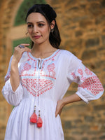 Thumbnail for Juniper White Ethnic Motif Printed Rayon Slub Flared Dress With Thread Embroidery - Distacart