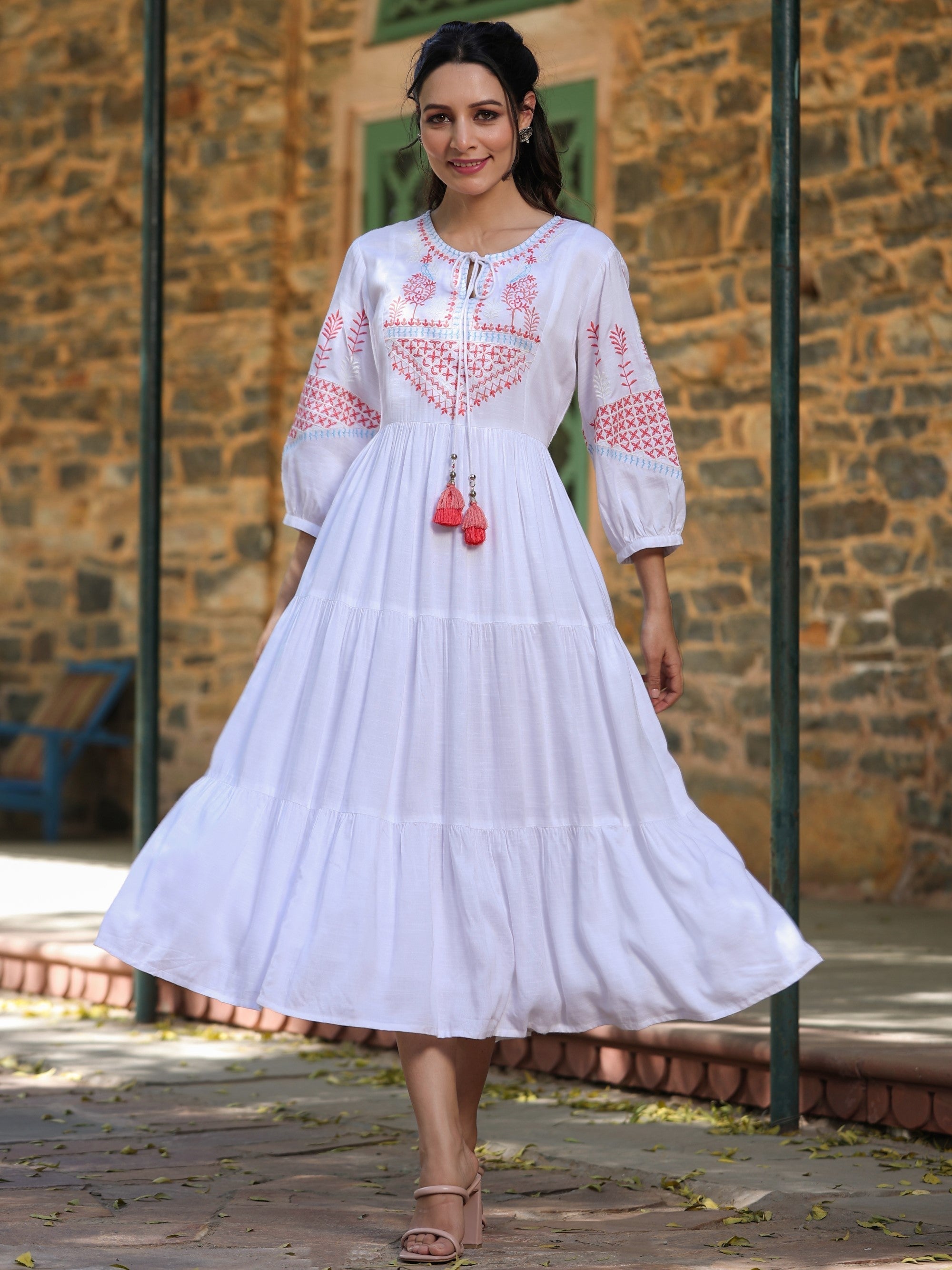 Juniper White Ethnic Motif Printed Rayon Slub Flared Dress With Thread Embroidery - Distacart
