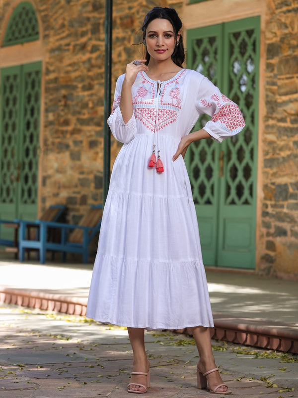 Juniper White Ethnic Motif Printed Rayon Slub Flared Dress With Thread Embroidery - Distacart