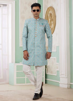 Thumbnail for Raivat Ethnic Banarasi Jacquard Embroidery Indo Western Sherwani In Green Colour - Distacart