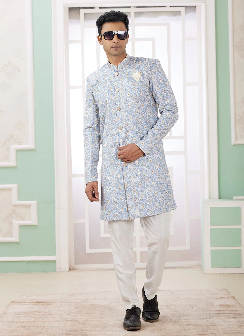 Raivat Ethnic Banarasi Jacquard Embroidery Indo Western Sherwani In Blue Colour - Distacart