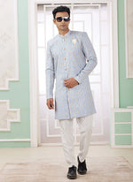 Thumbnail for Raivat Ethnic Banarasi Jacquard Embroidery Indo Western Sherwani In Blue Colour - Distacart
