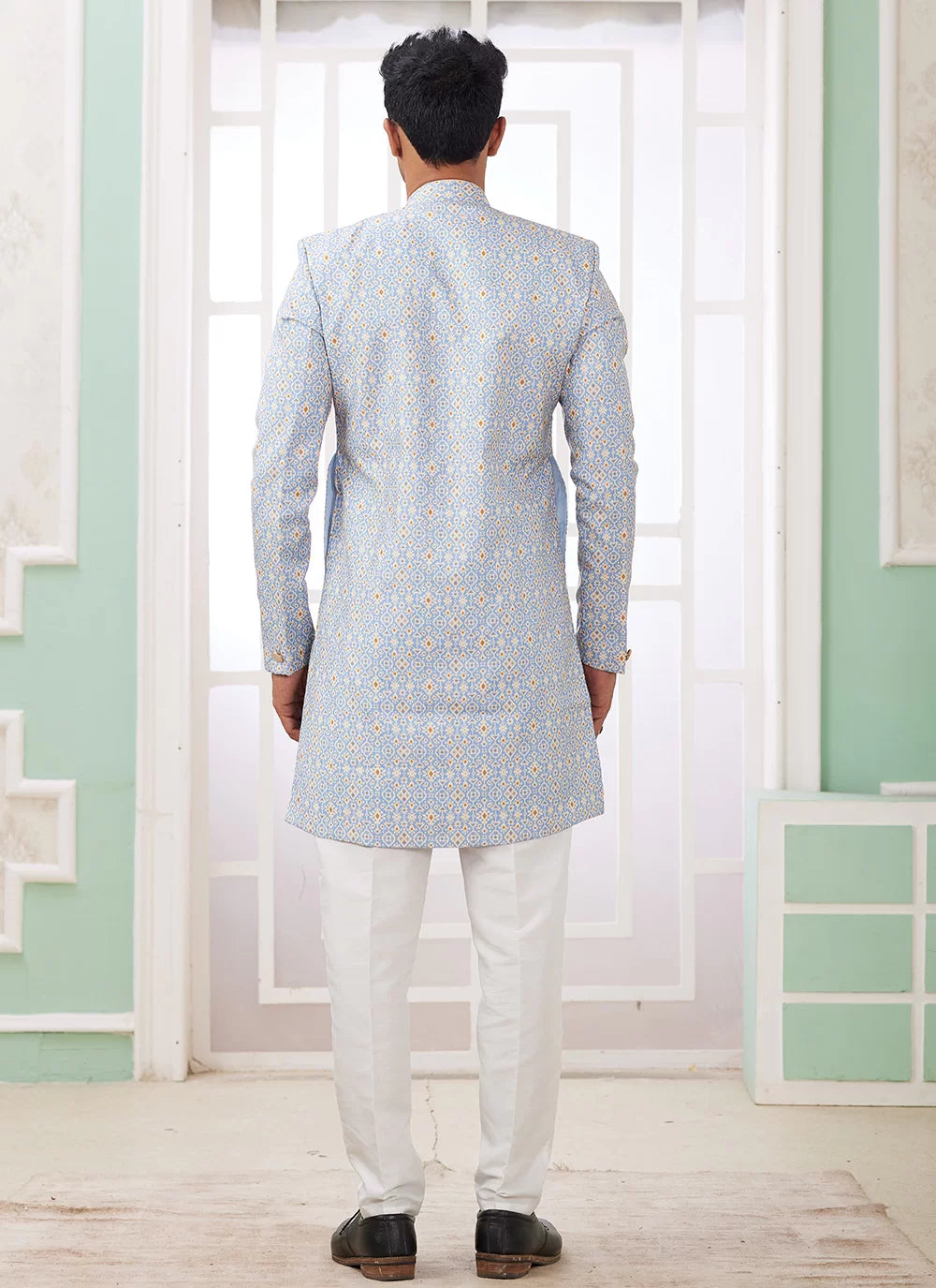 Raivat Ethnic Banarasi Jacquard Embroidery Indo Western Sherwani In Blue Colour - Distacart