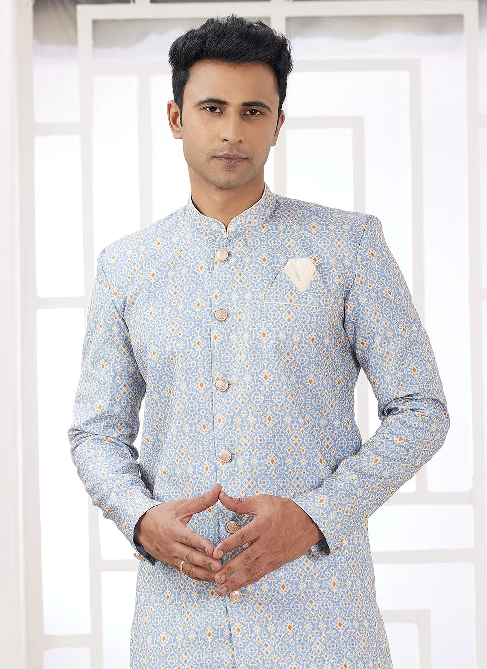 Raivat Ethnic Banarasi Jacquard Embroidery Indo Western Sherwani In Blue Colour - Distacart