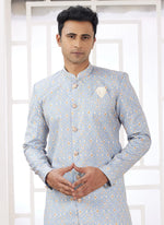 Thumbnail for Raivat Ethnic Banarasi Jacquard Embroidery Indo Western Sherwani In Blue Colour - Distacart