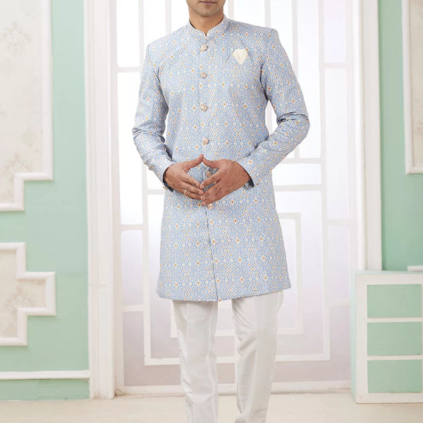 Raivat Ethnic Banarasi Jacquard Embroidery Indo Western Sherwani In Blue Colour - Distacart