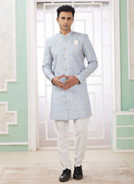 Thumbnail for Raivat Ethnic Banarasi Jacquard Embroidery Indo Western Sherwani In Blue Colour - Distacart