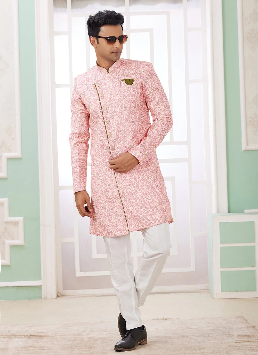 Raivat Ethnic Banarasi Jacquard Embroidery Indo Western Sherwani In Dark Pink Colour - Distacart