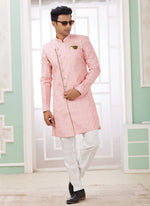 Thumbnail for Raivat Ethnic Banarasi Jacquard Embroidery Indo Western Sherwani In Dark Pink Colour - Distacart