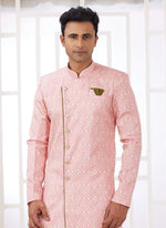 Thumbnail for Raivat Ethnic Banarasi Jacquard Embroidery Indo Western Sherwani In Dark Pink Colour - Distacart