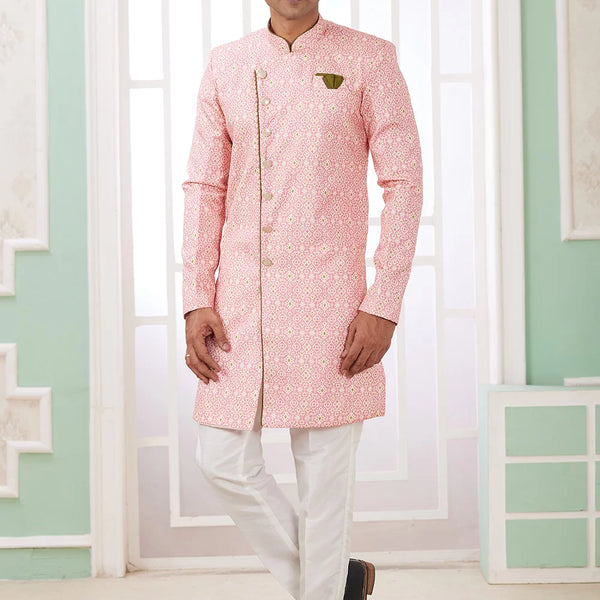 Raivat Ethnic Banarasi Jacquard Embroidery Indo Western Sherwani In Dark Pink Colour - Distacart