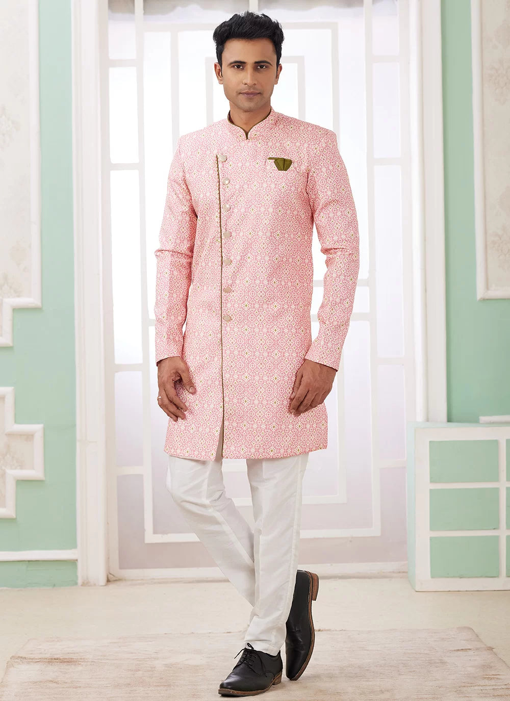 Raivat Ethnic Banarasi Jacquard Embroidery Indo Western Sherwani In Dark Pink Colour