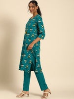 Thumbnail for All About You Women Teal Blue Floral Printed Regular Pure Cotton Kurta with Trousers - Distacart