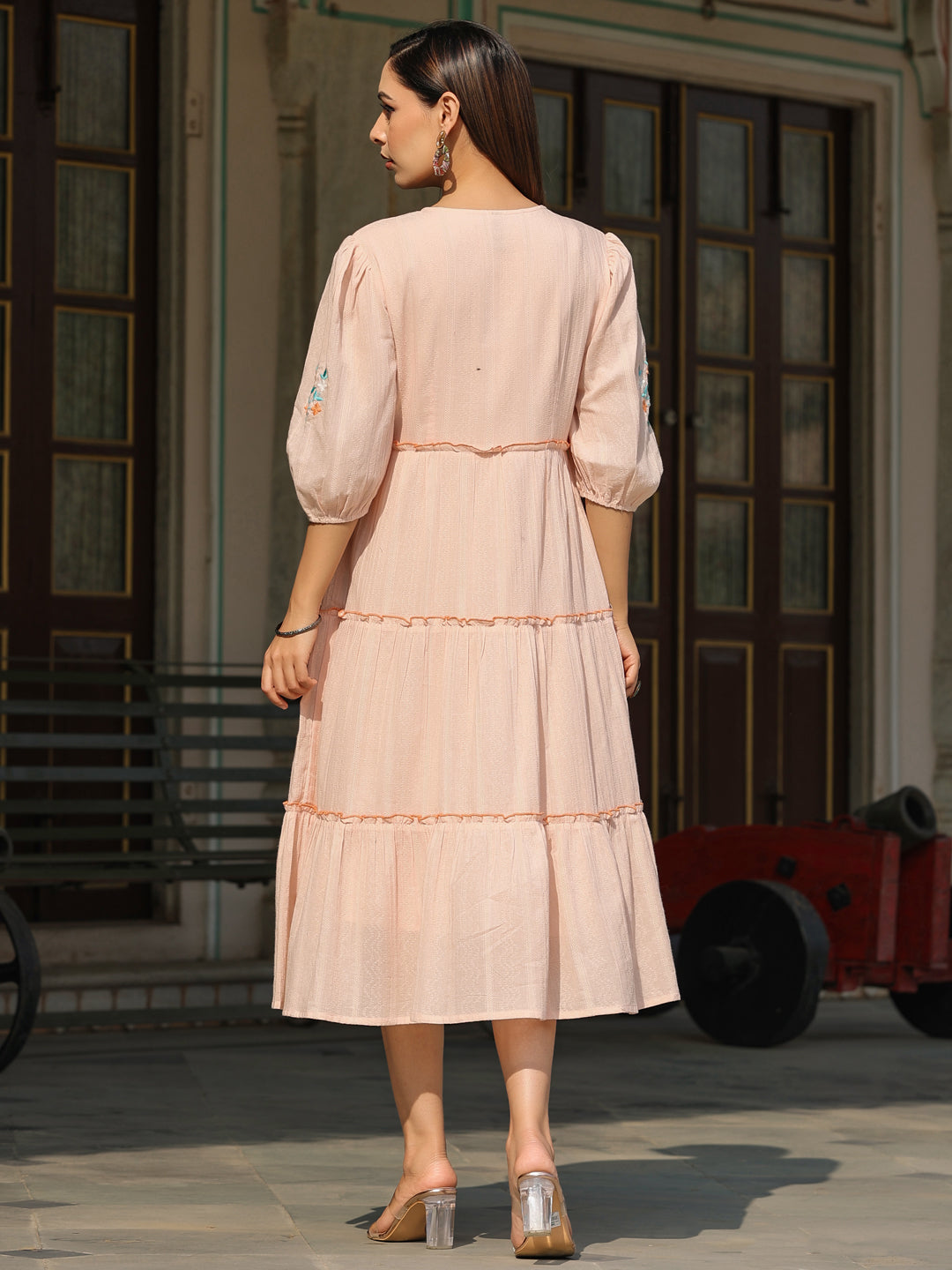 Juniper Women Peach Cotton Dobby Embroidered Tiered Maxi Dress - Distacart