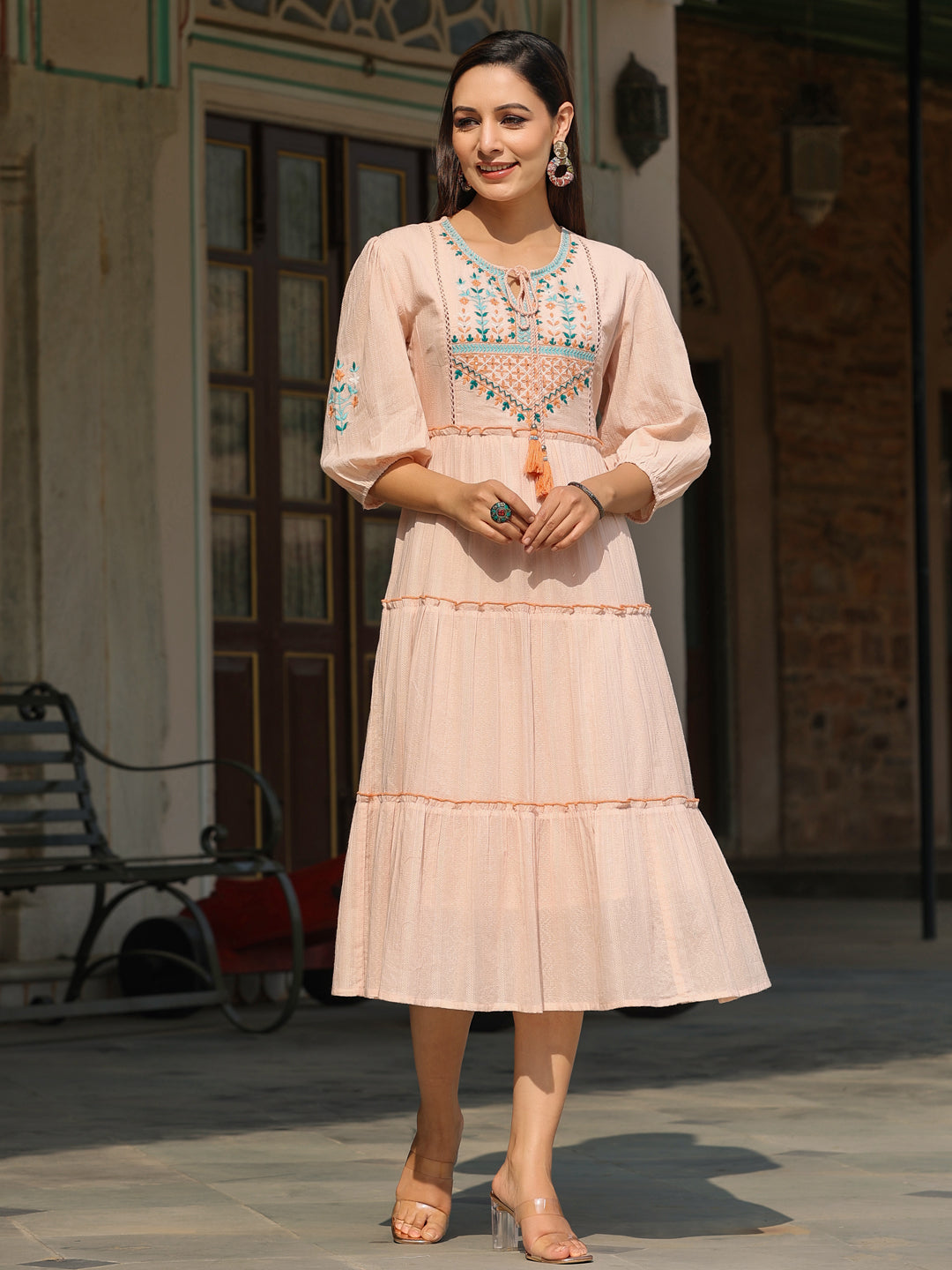 Juniper Women Peach Cotton Dobby Embroidered Tiered Maxi Dress - Distacart