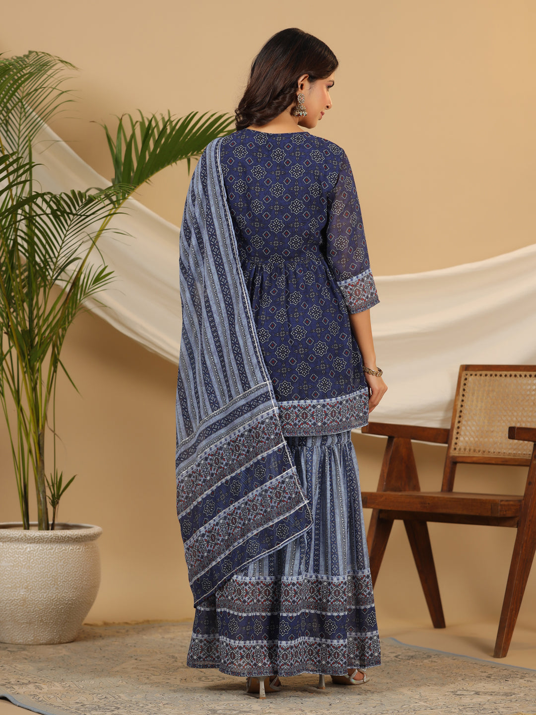 Juniper Navy Blue Geometric Printed Georgette Gota Kurta Sharara & Dupatta Set With beads & Sequins - Distacart