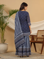 Thumbnail for Juniper Navy Blue Geometric Printed Georgette Gota Kurta Sharara & Dupatta Set With beads & Sequins - Distacart